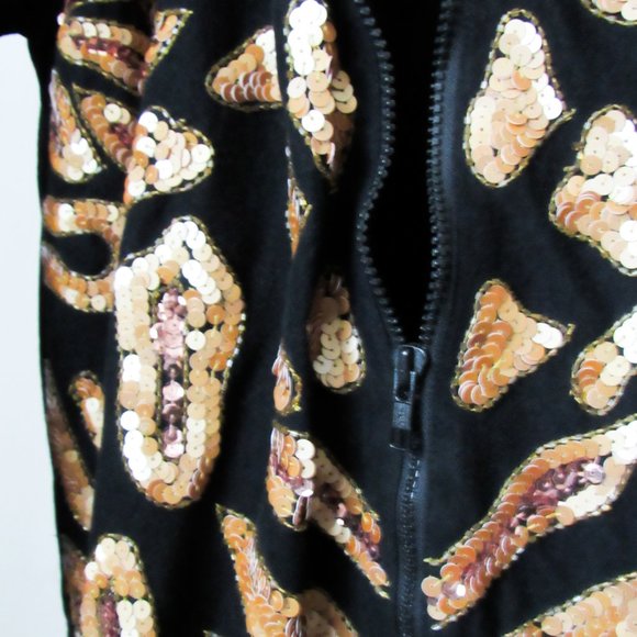 RARE! VINTAGE MODI DENIM SEQUIN JEAN JACKET in Black Animal Print Design M/L - Picture 6 of 11